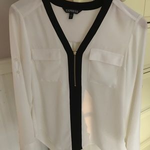 EXPRESS Ivory Blouse w/ Black Trim & Gold Zipper